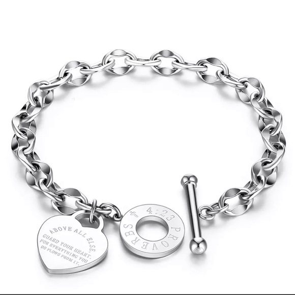 Jewelry - Stainless Steel Engraved Heart Charm Bracelet